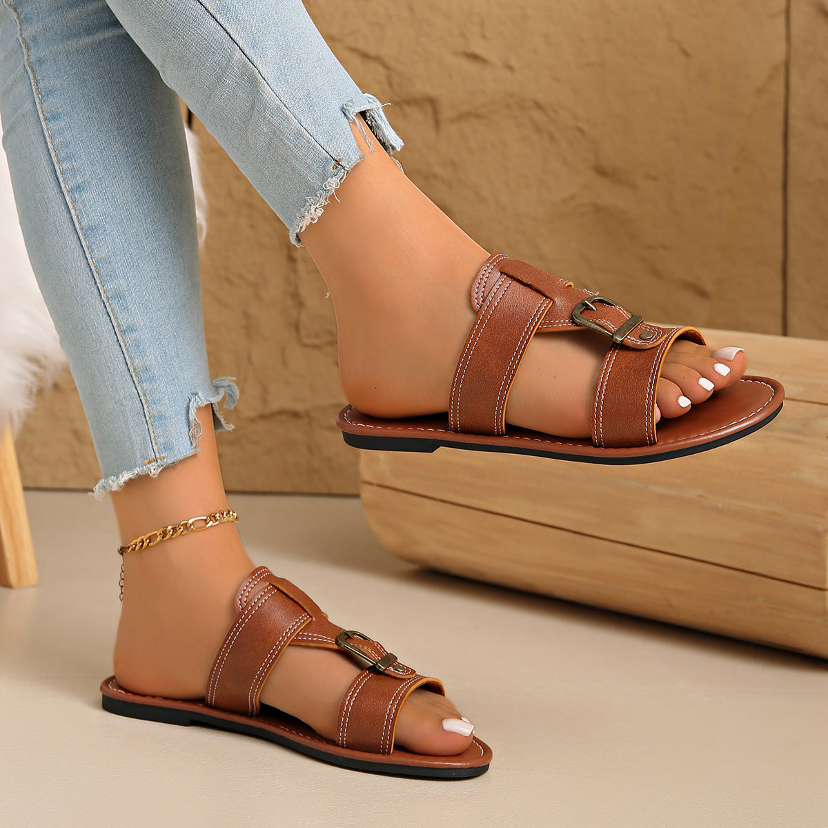 Buckled Leather Slide Sandals