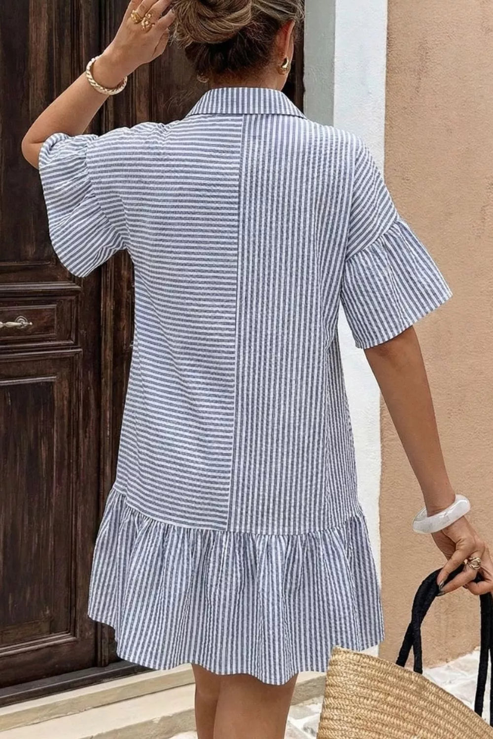Striped Button-Up Ruffle Hem Mini Dress