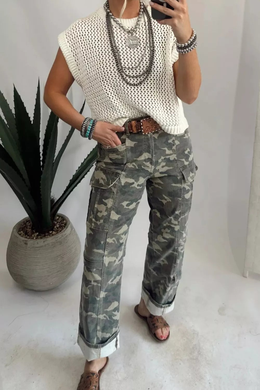 Camouflage Print Multi Pocketed Womens Denim Pants