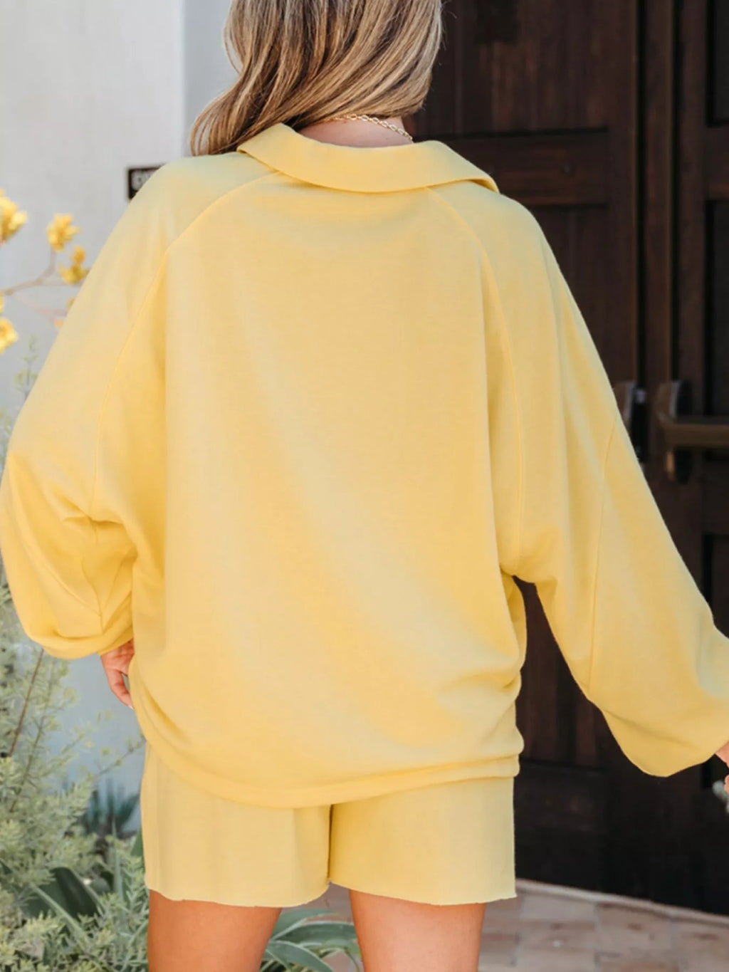 Button Collar Drop Shoulder Top and Shorts 2pcs Set