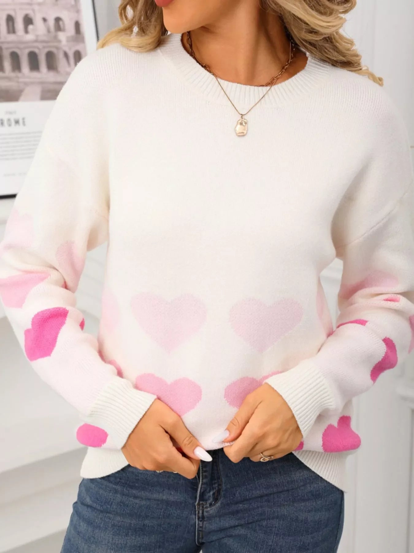 Valentine's Day Heart Pattern Crew Neck Sweater