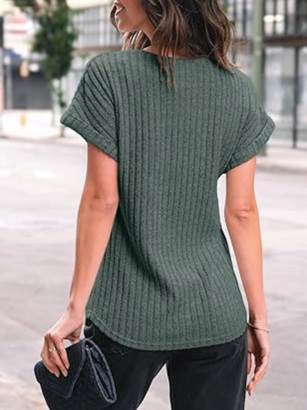 Casual Ribbed Knit Short Sleeve T-Shirt