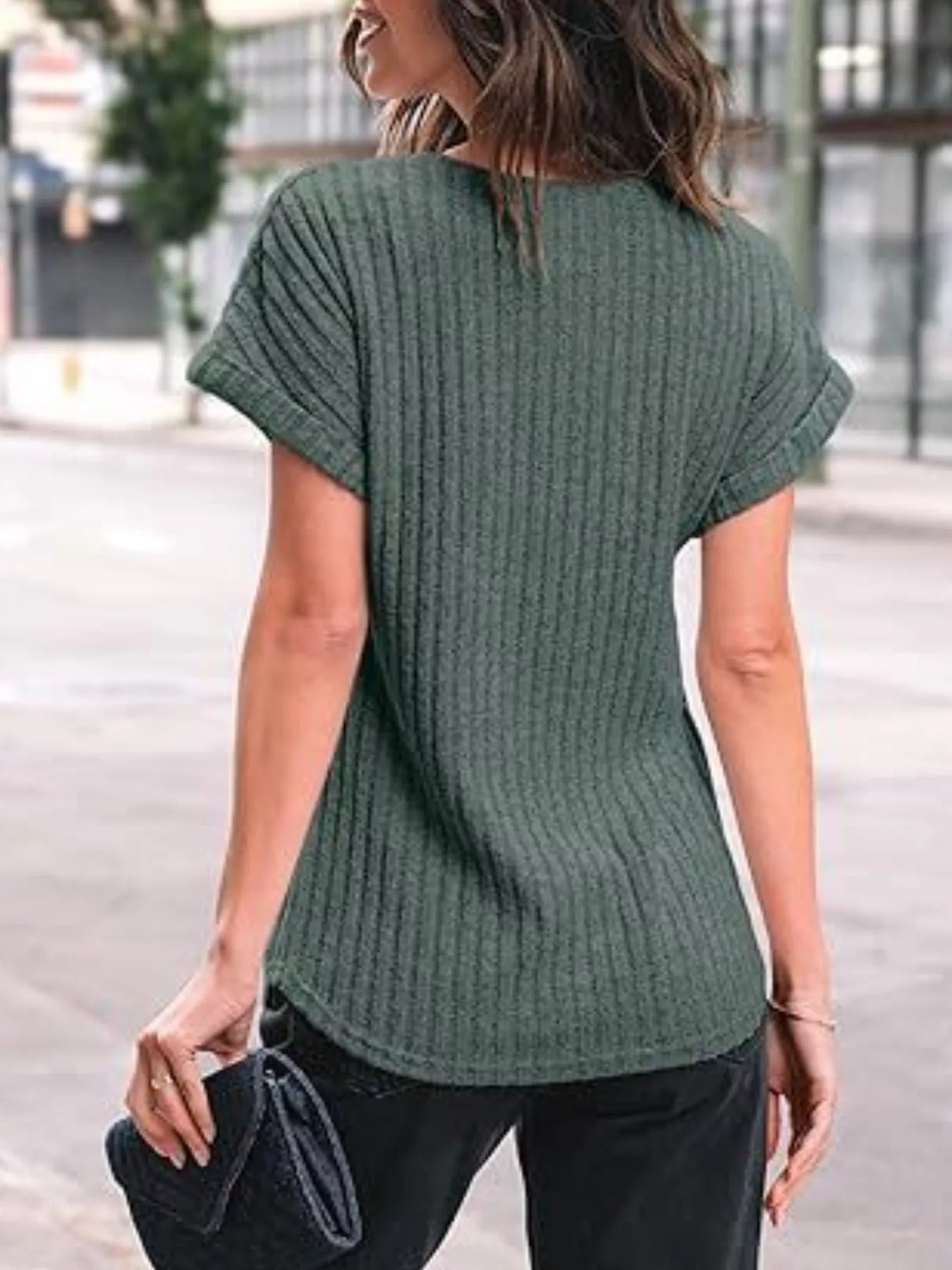 Casual Ribbed Knit Short Sleeve T-Shirt