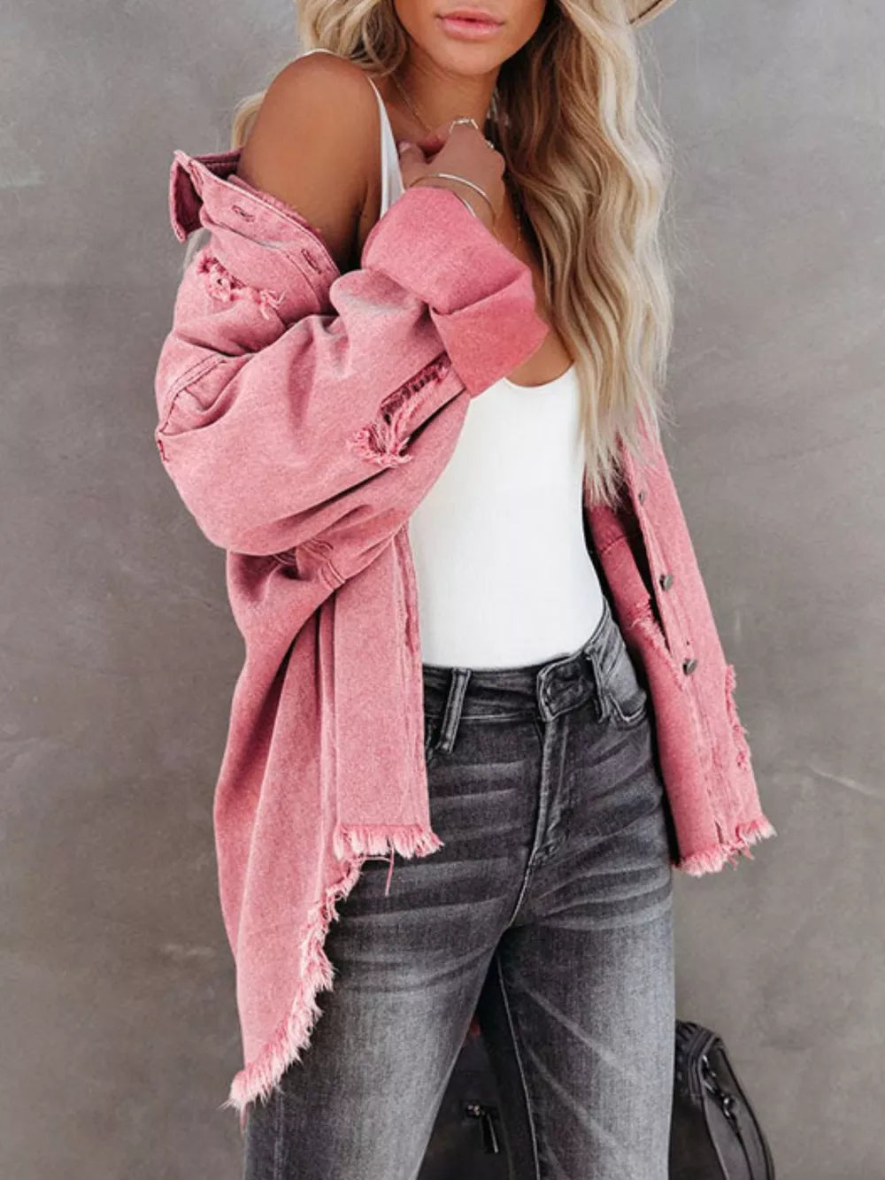 Raw Hem Button Up Denim Shacket