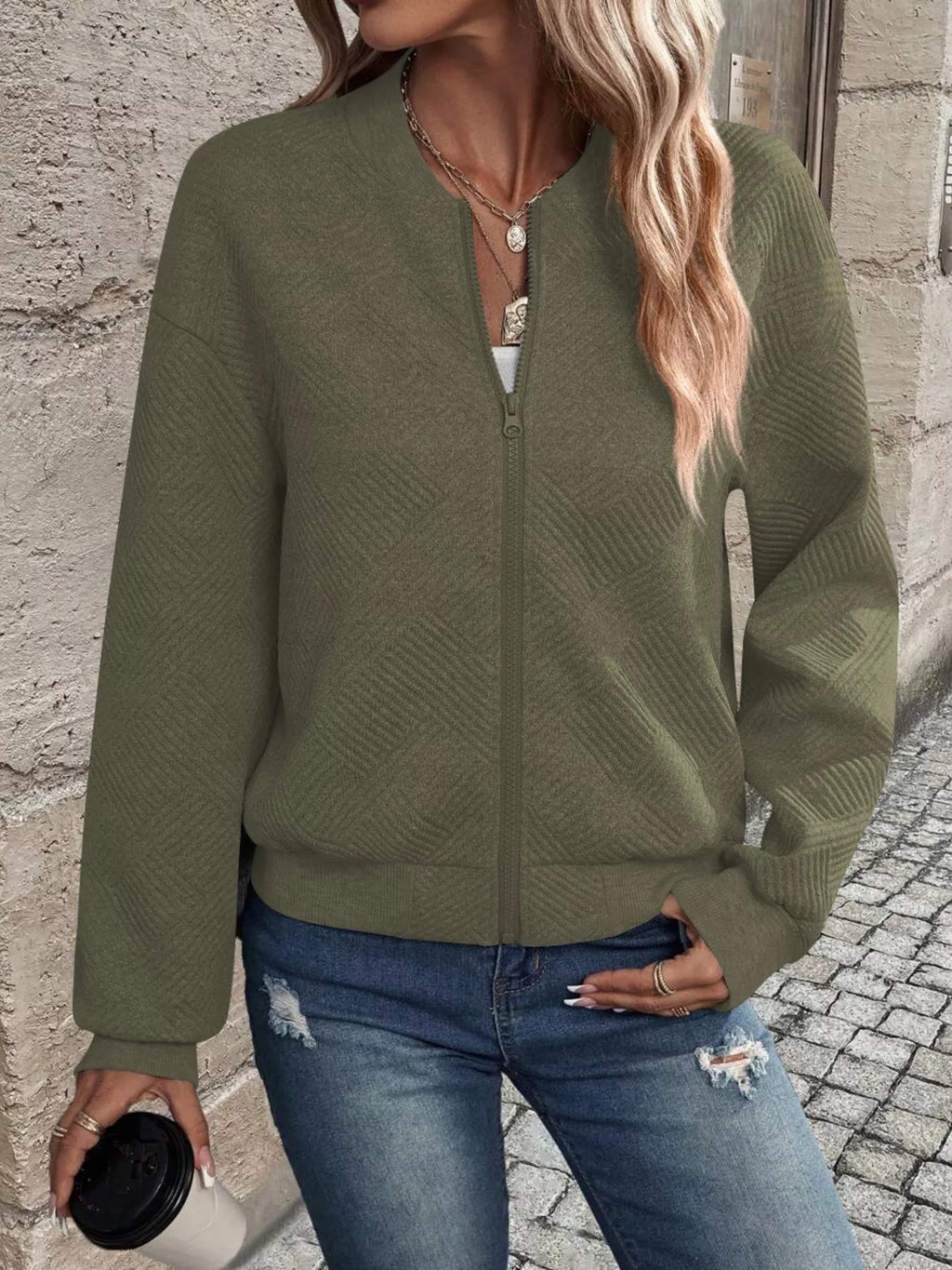 Zip-Up Textured Long Sleeve Jacket