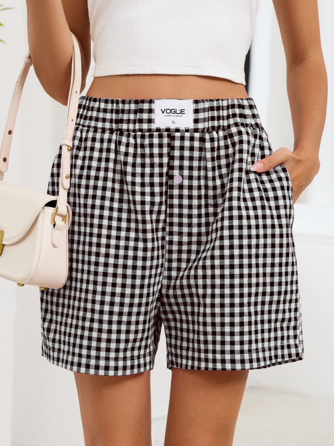 Gingham Elastic Waist Casual Shorts