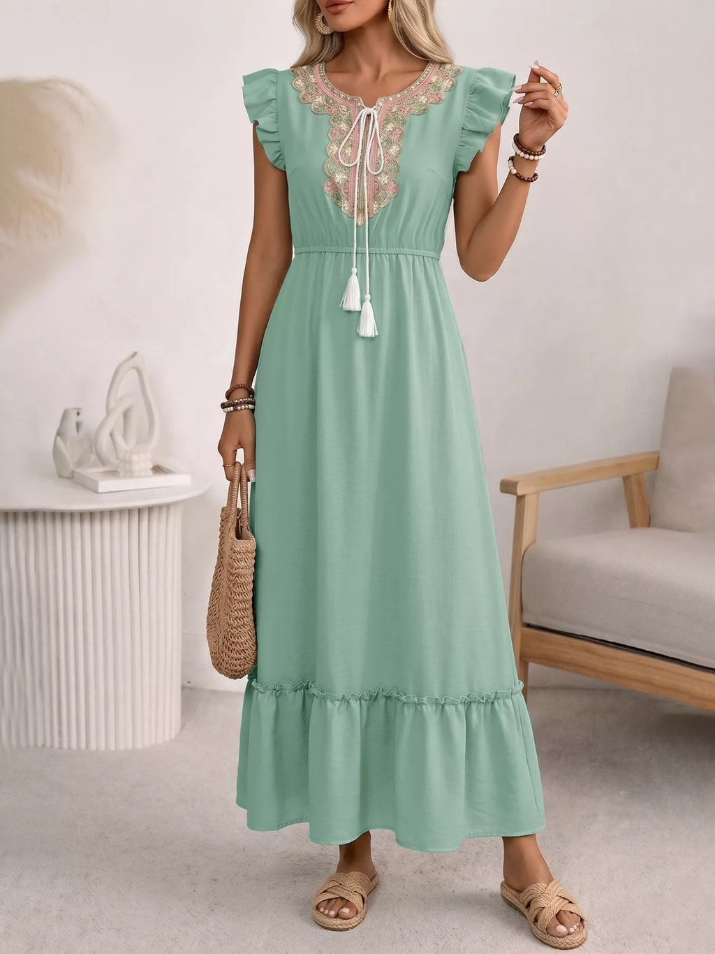 Tie Neck Ruffle Sleeve Maxi Dress