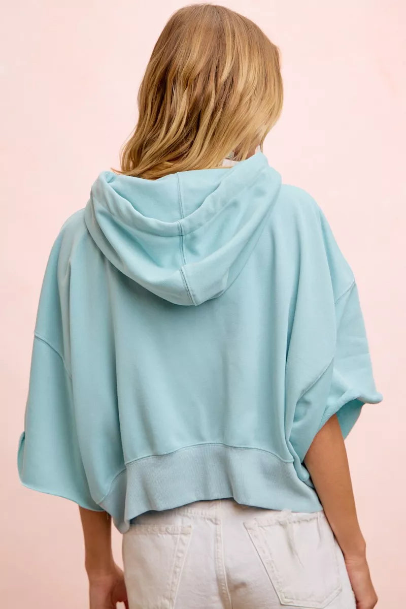 BiBi Washed Terry Short Sleeve Drawstring Hoodie Top