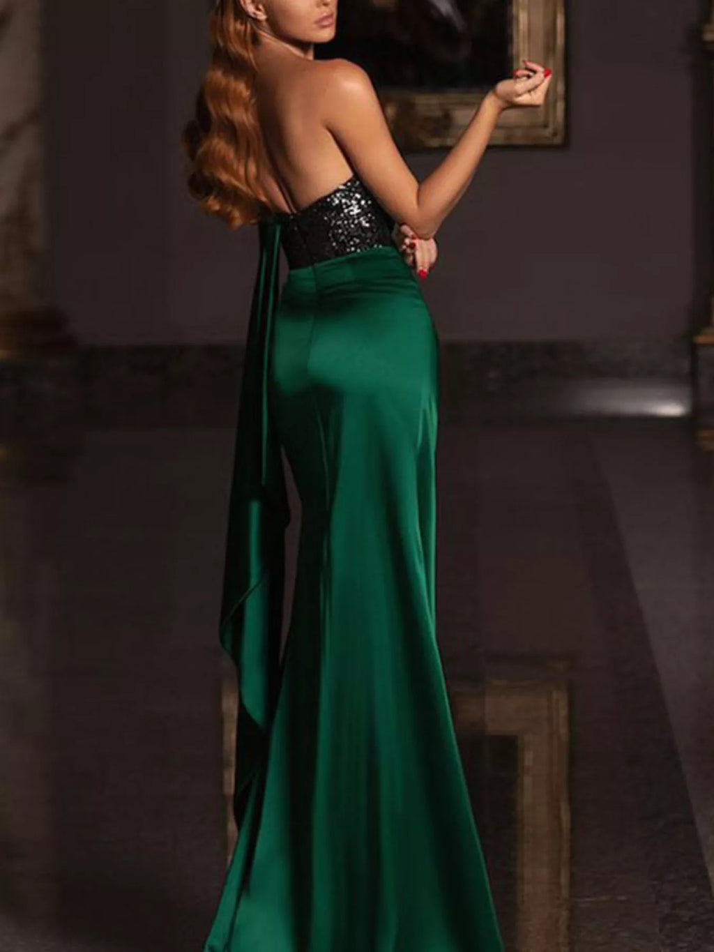 One-Shoulder Sequin Bodice Satin Gown with High Slit