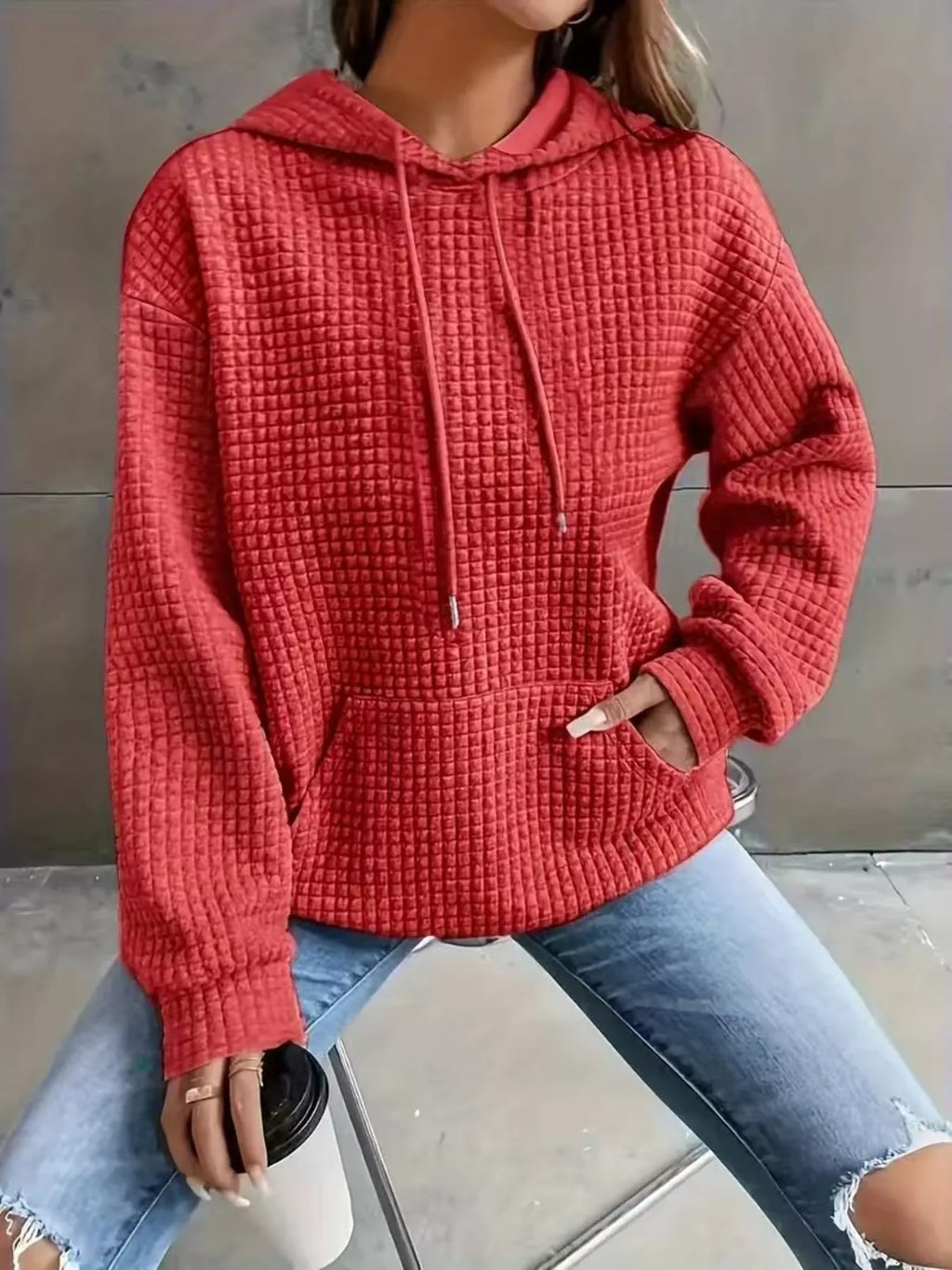 Textured Knit Drawstring Hoodie