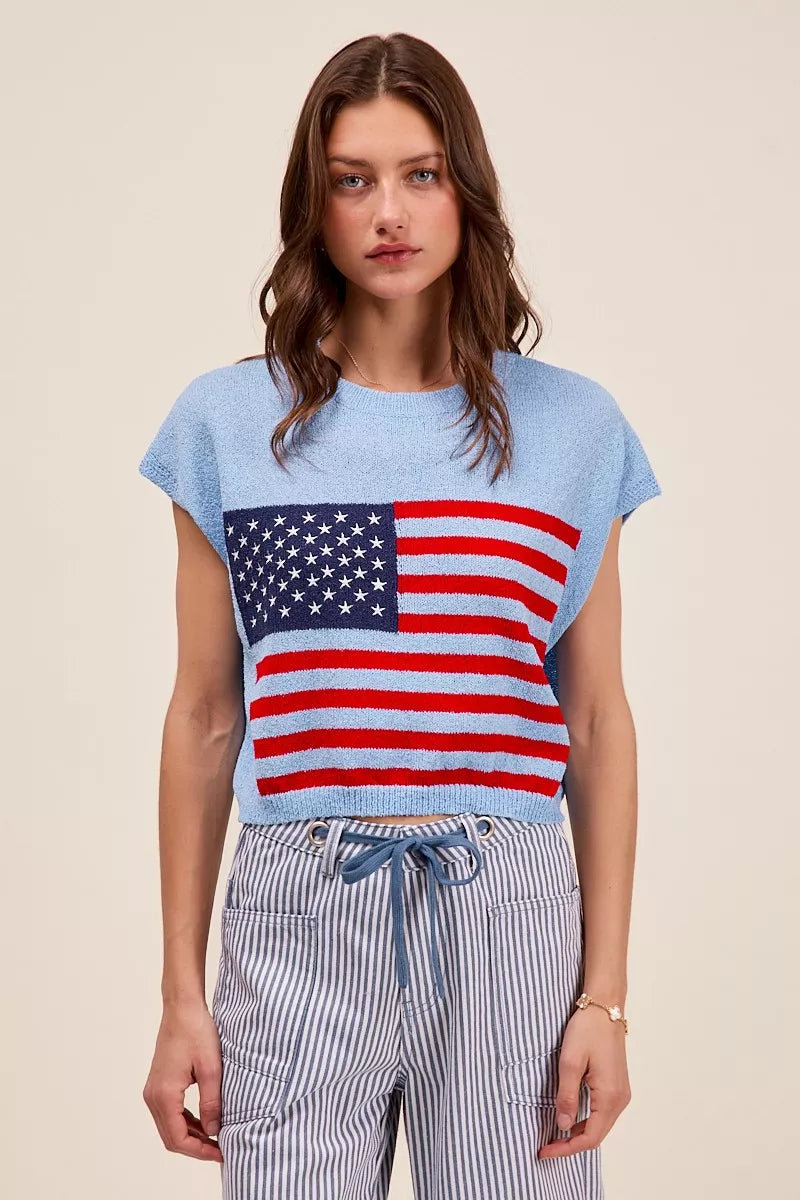 SO ME Fourth Of July American Flag Boxy Fit Sweater Top