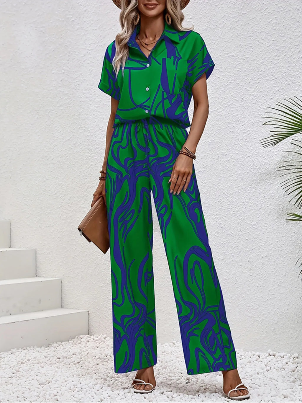Printed Button Up Shirt and Pants Set
