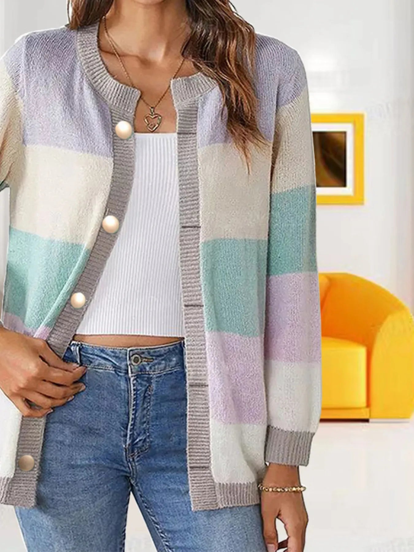 Color Block Button-Up Knit Cardigan