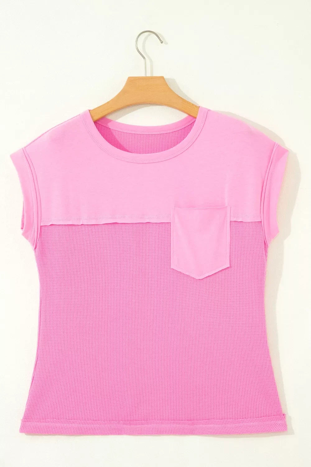 Solid Color Raw Seam Waffled Patchwork Casual T Shirt