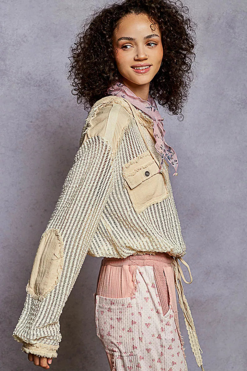 POL Texture Woven Button Down Hooded Shirt with Drawstring Hem