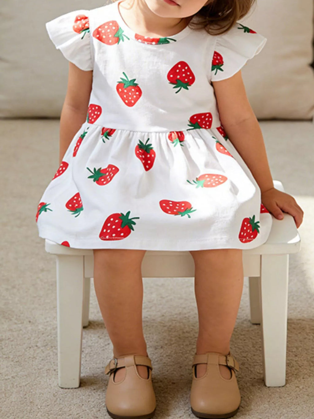 Children's Strawberry Print Ruffle Sleeve Casual Dress