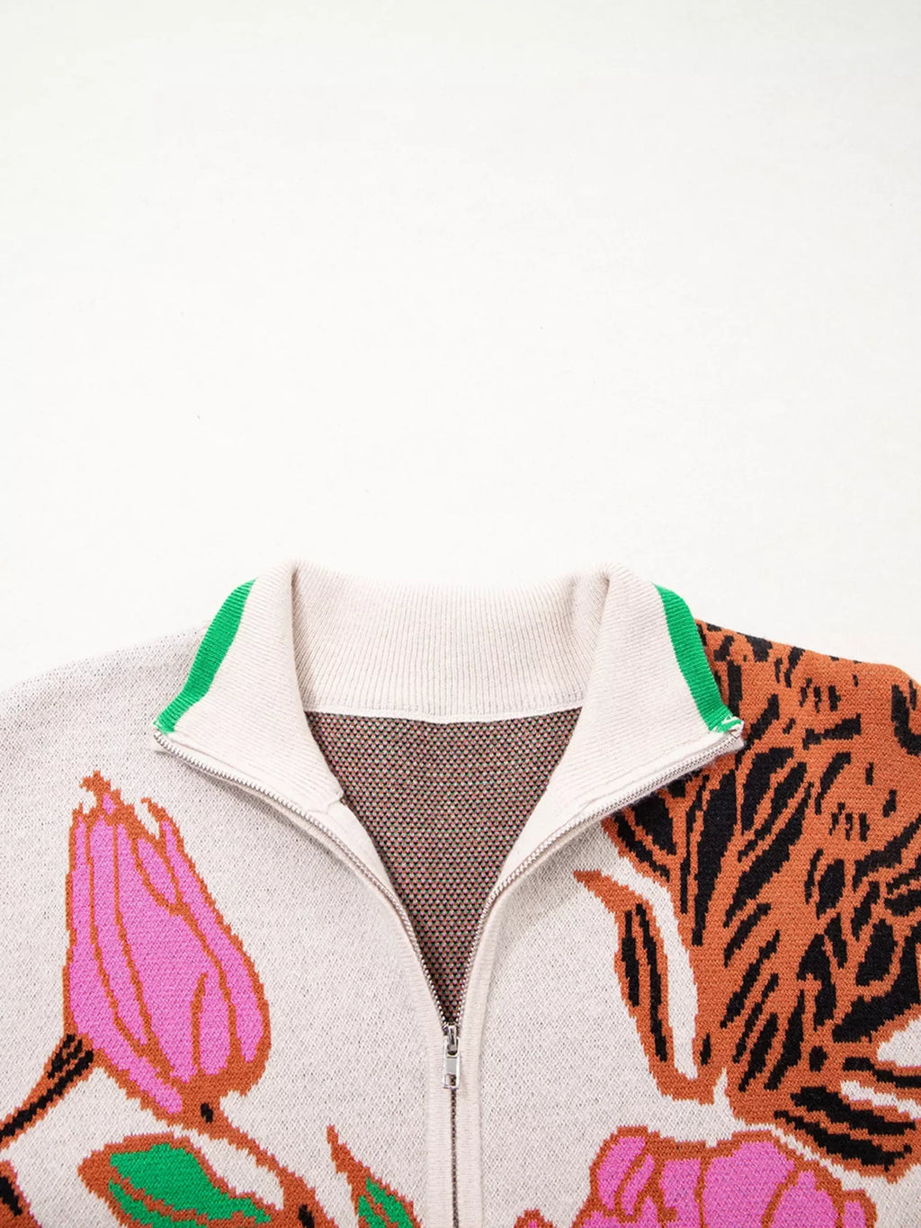 Floral Pattern Knit Quarter Zip Stand Neck Sweater
