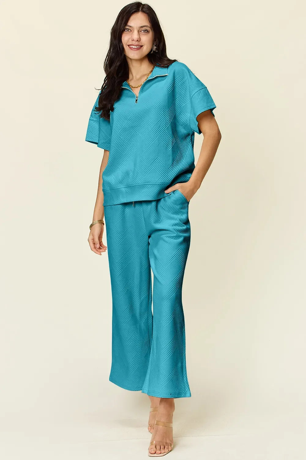 Double Take Full Size Texture Half Zip Short Sleeve Top and Pants Set