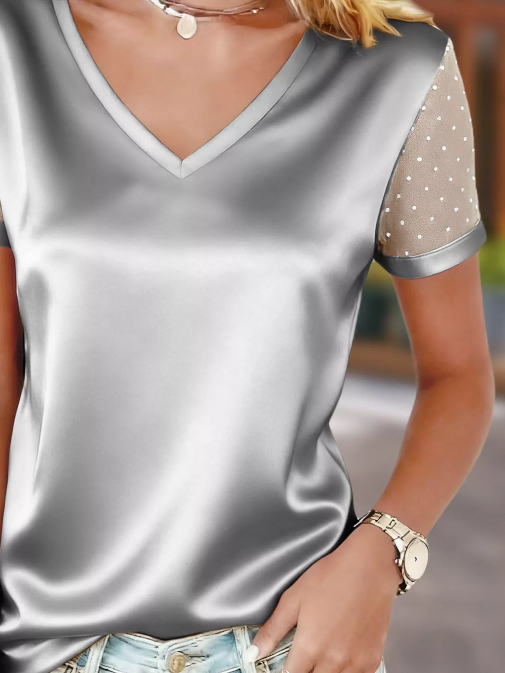 Sheer Sleeve V-Neck Top