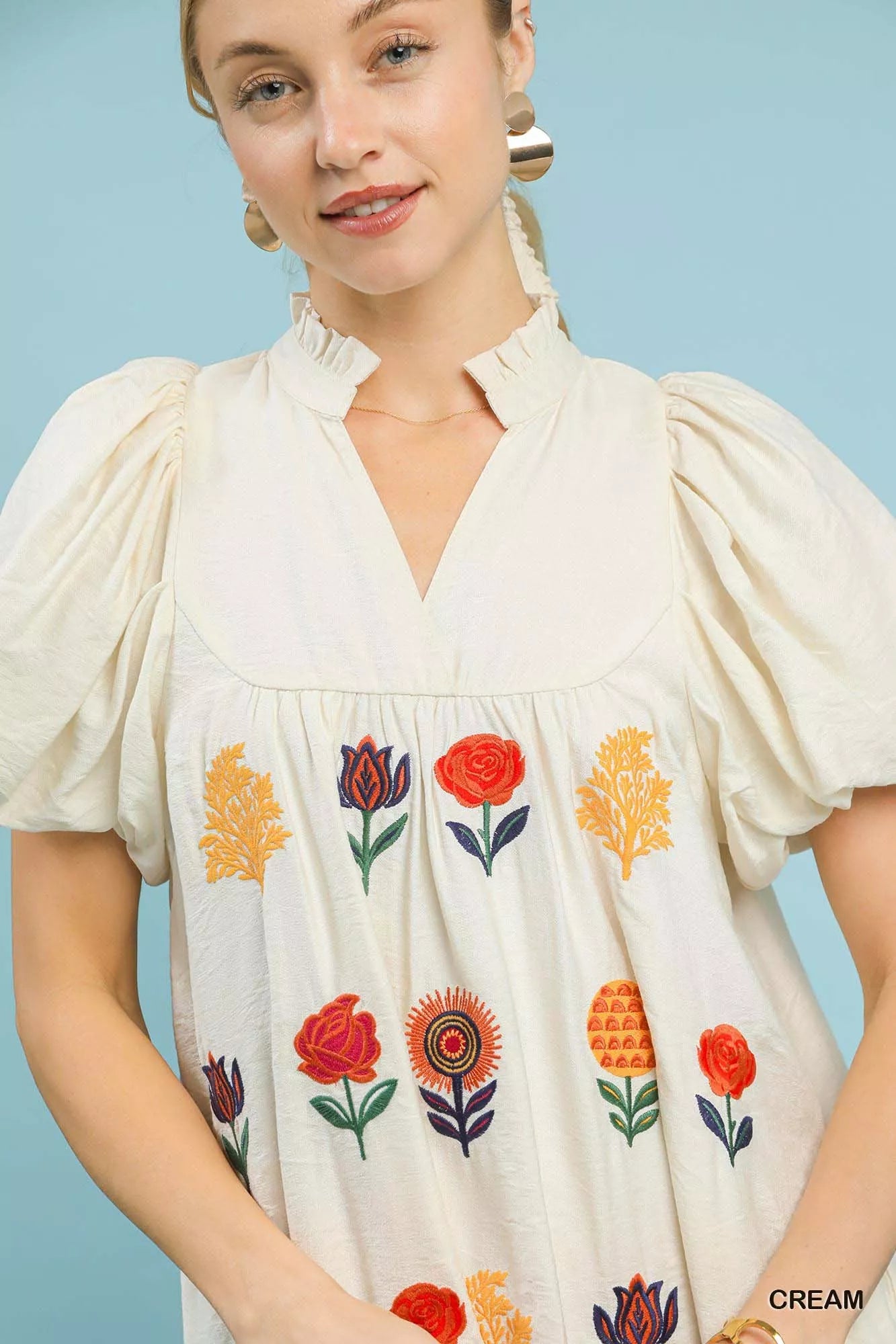 Umgee Floral Embroidered Puff Sleeve Mini Dress