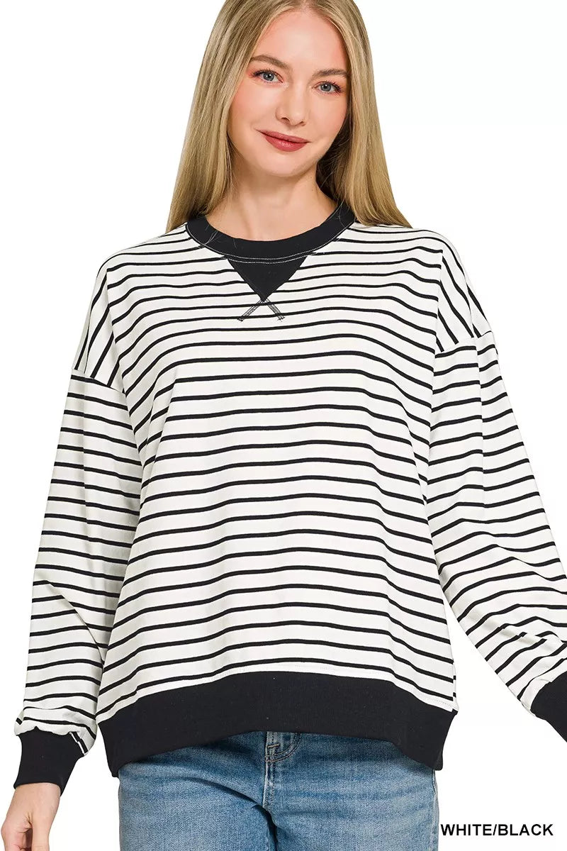 Zenana Contrast Striped Round Neck Sweatshirt