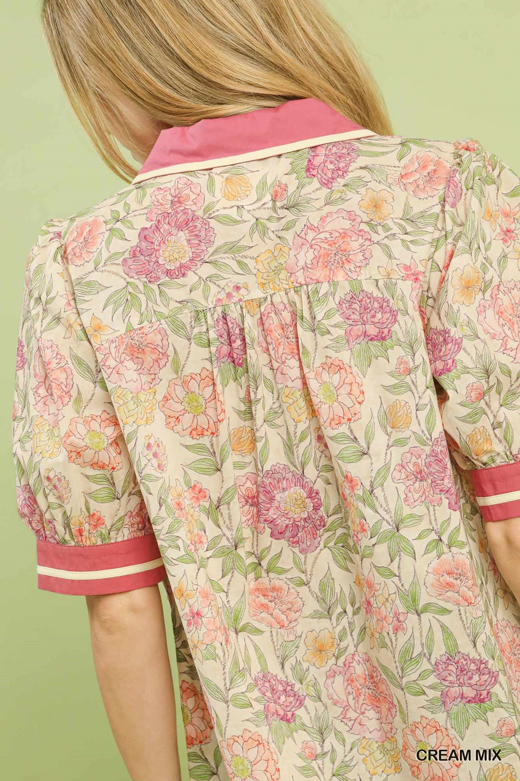 Umgee Mix Floral Puff Sleeve Blouse with Contrast Trim