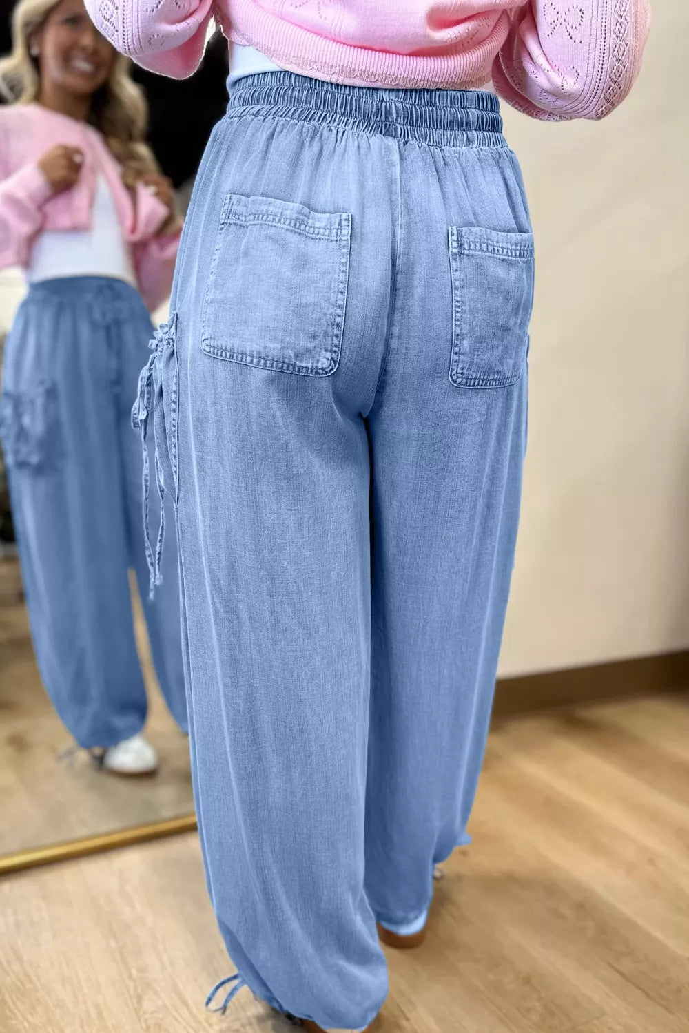 Drawstring Elastic Waist Pocketed Loose Jeans