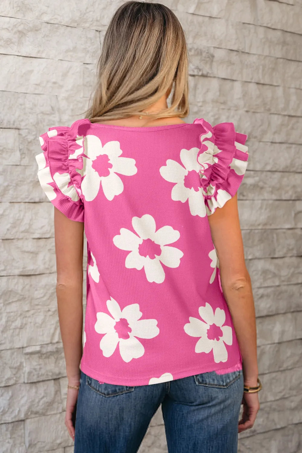 Flower Round Neck Ruffled Sleeve Top