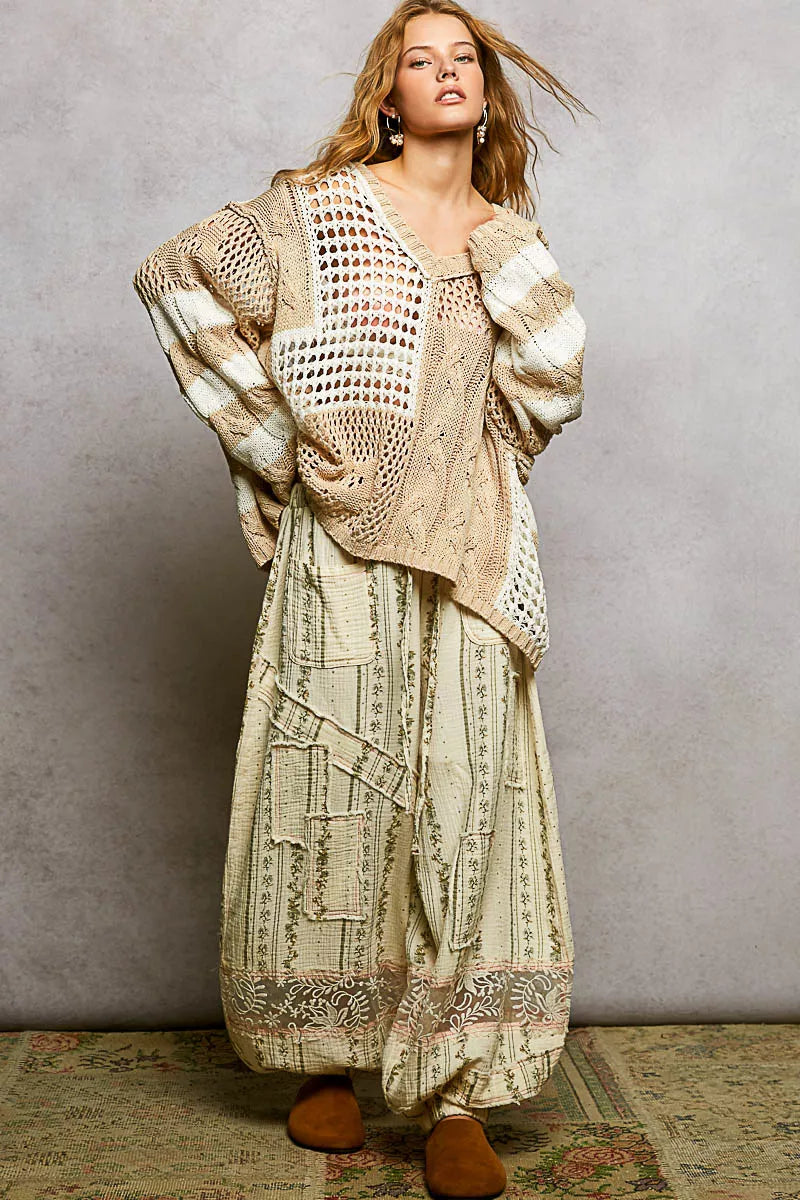 POL Color-Blocked Stripe Pattern Knit Top with Twisted Weave