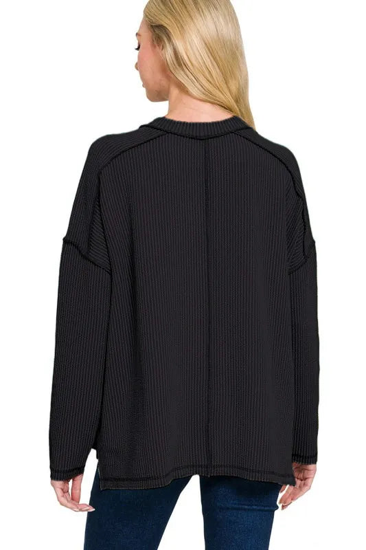 Zenana Full Size Exposed Seam Long Sleeve Corded Rib Knit Top Plus Size