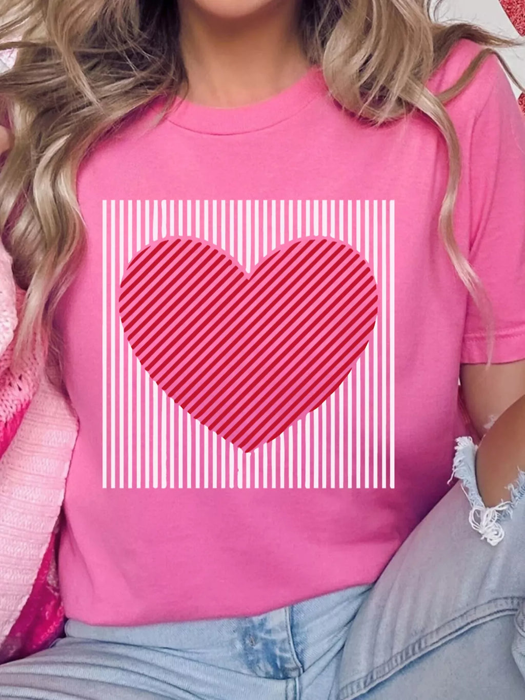 Contrast Striped Heart Printed Valentines Day T Shirt