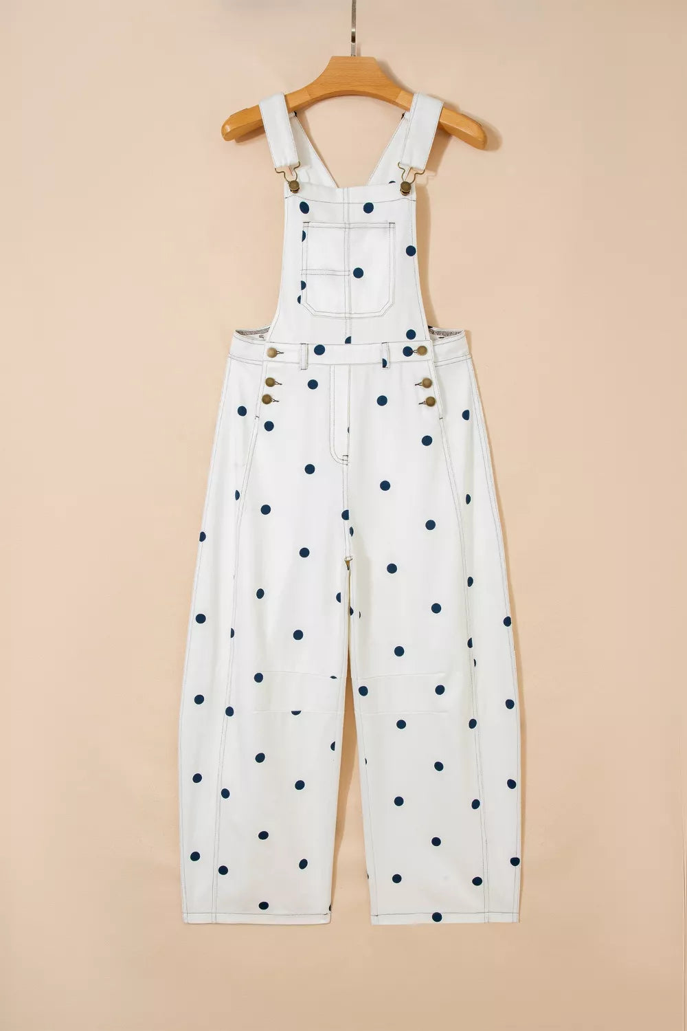 Polka Dot Print Bib Pocket Denim Barrel Overalls Jumpsuit