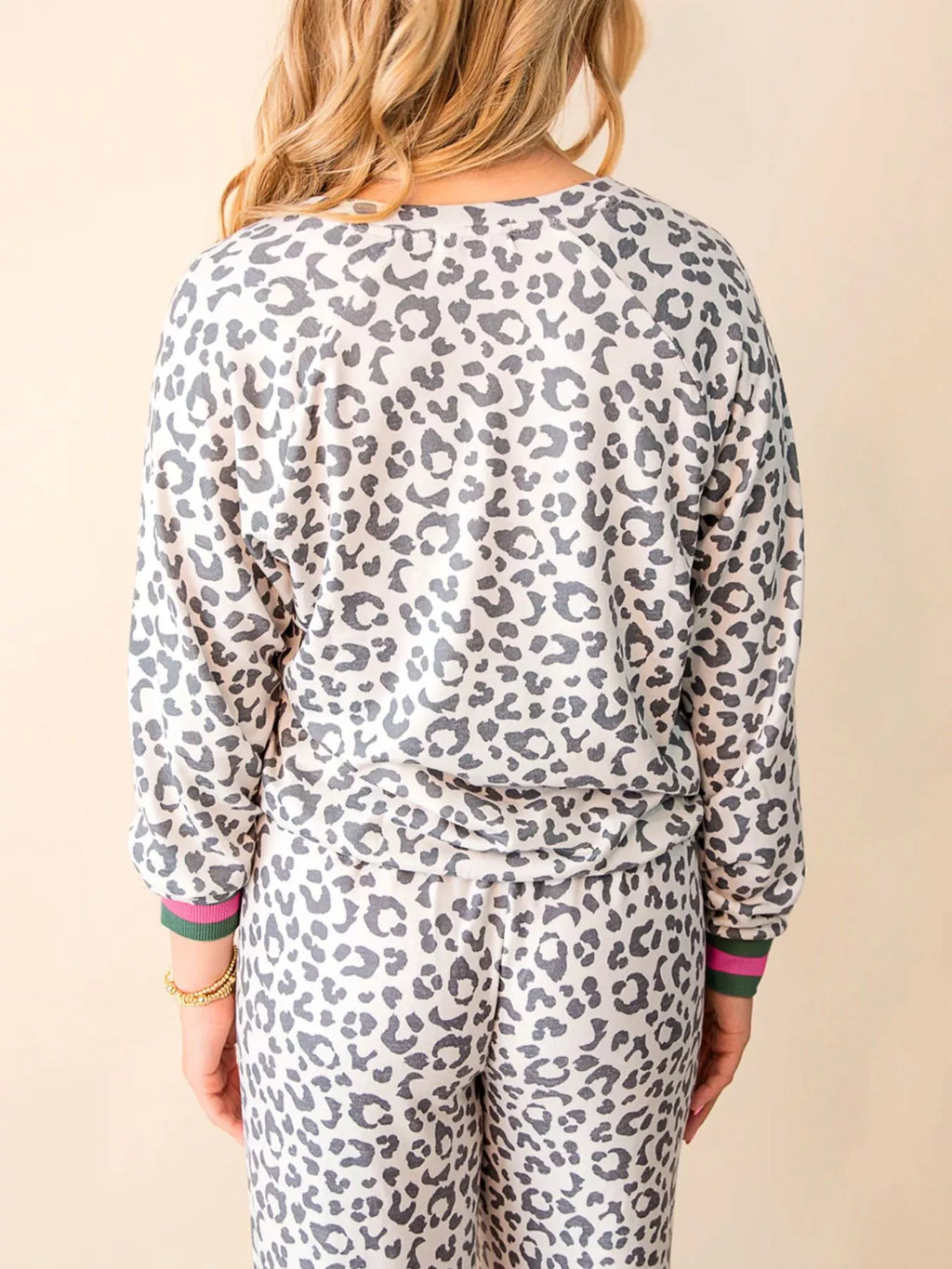 V Neck Leopard Long Sleeve Top Striped Webbing Patchwork Drawstring Pant Set