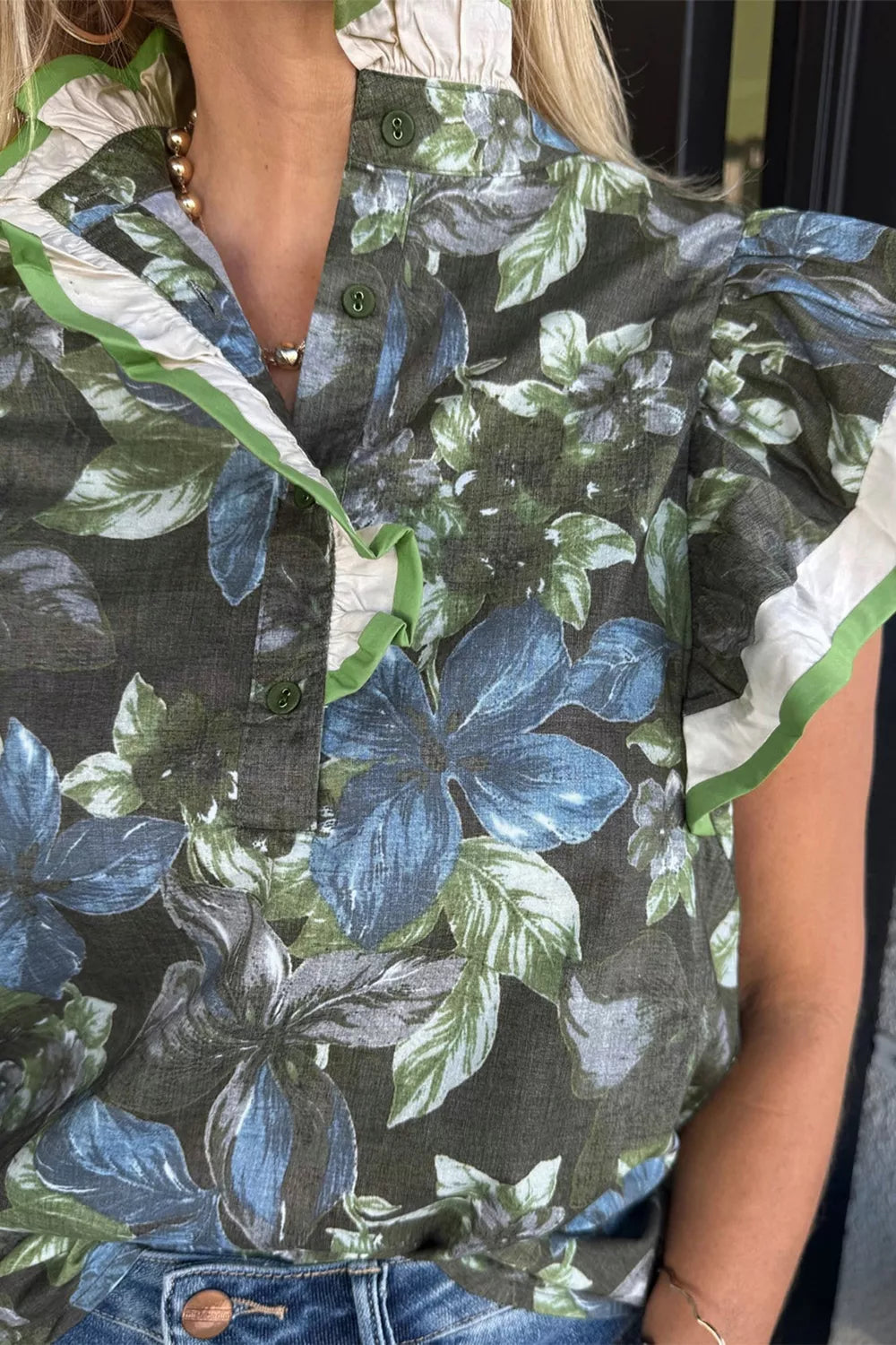 Ruffled Short Sleeve Floral Summer Blouse