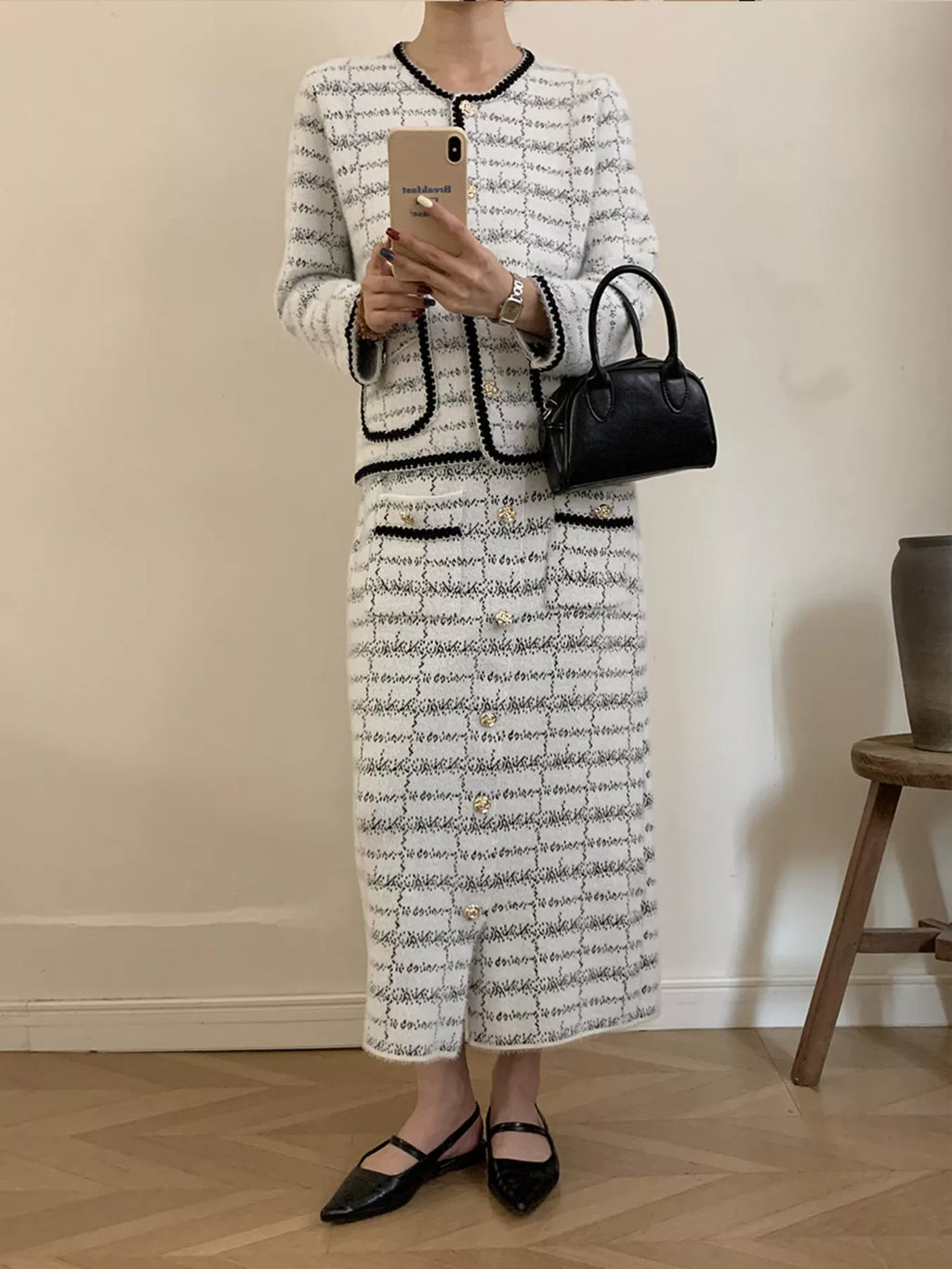 Tweed Contrast Trim Jacket and Skirt Set