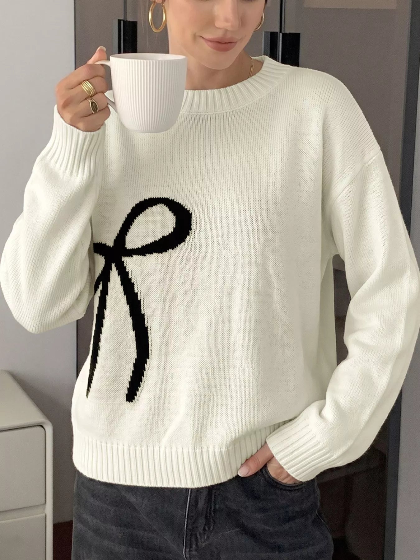 Bow Graphic Round Neck Sweater