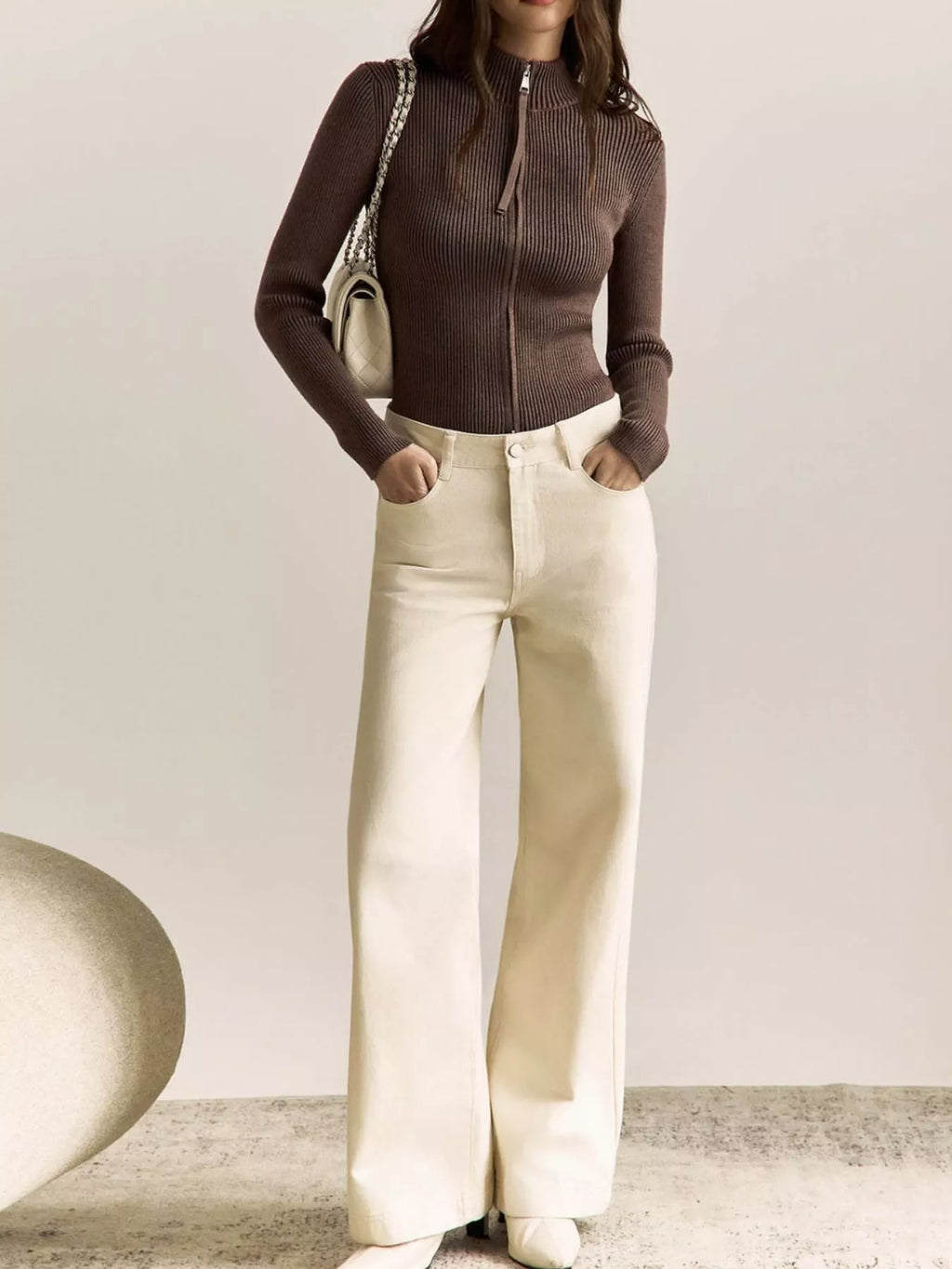 Ribbed Knit Zip-Up Cardigan