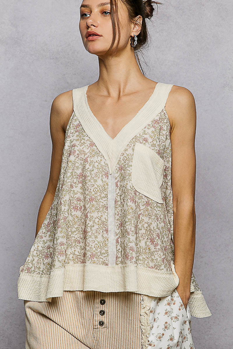 POL Floral V-Neck Tank with Front Pocket