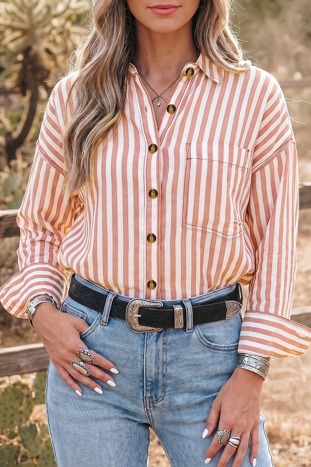 Stripe Western Button Down Long Sleeve Casual Shirt