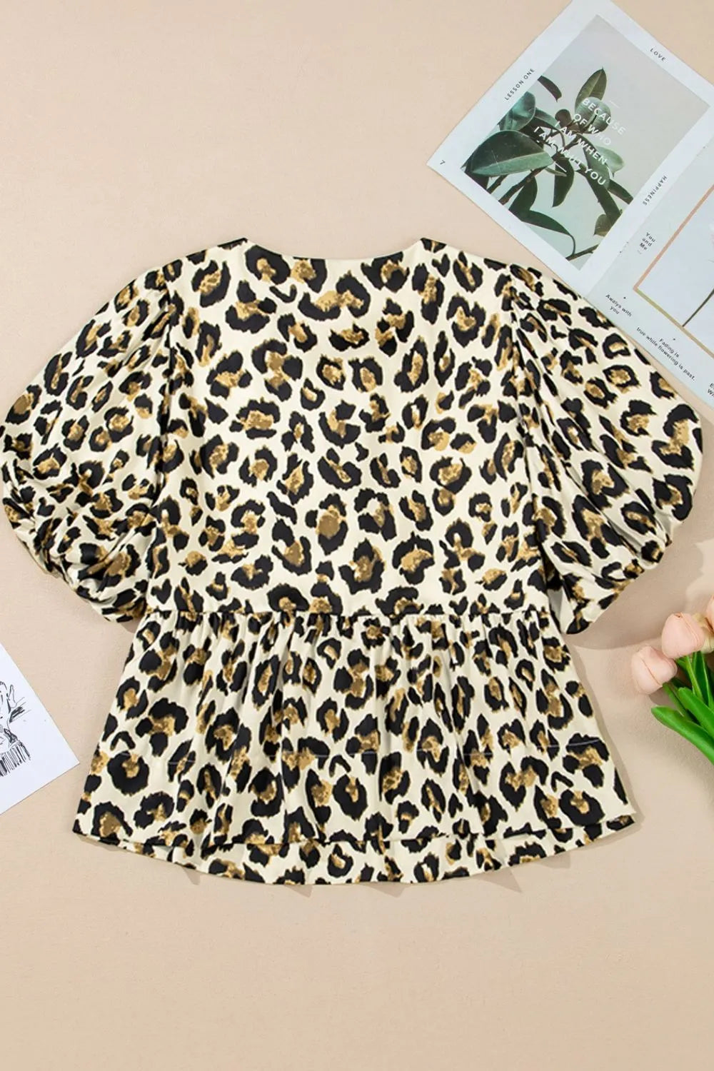 Leopard Bow Tie Front Puff Sleeve Peplum Blouse