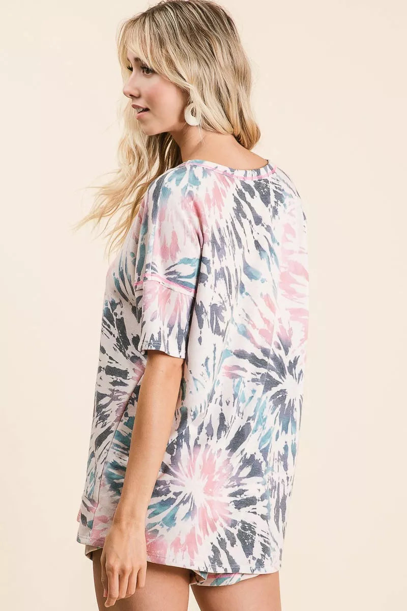 BiBi Tie Dye Print Terry V Neck Top With Contrast