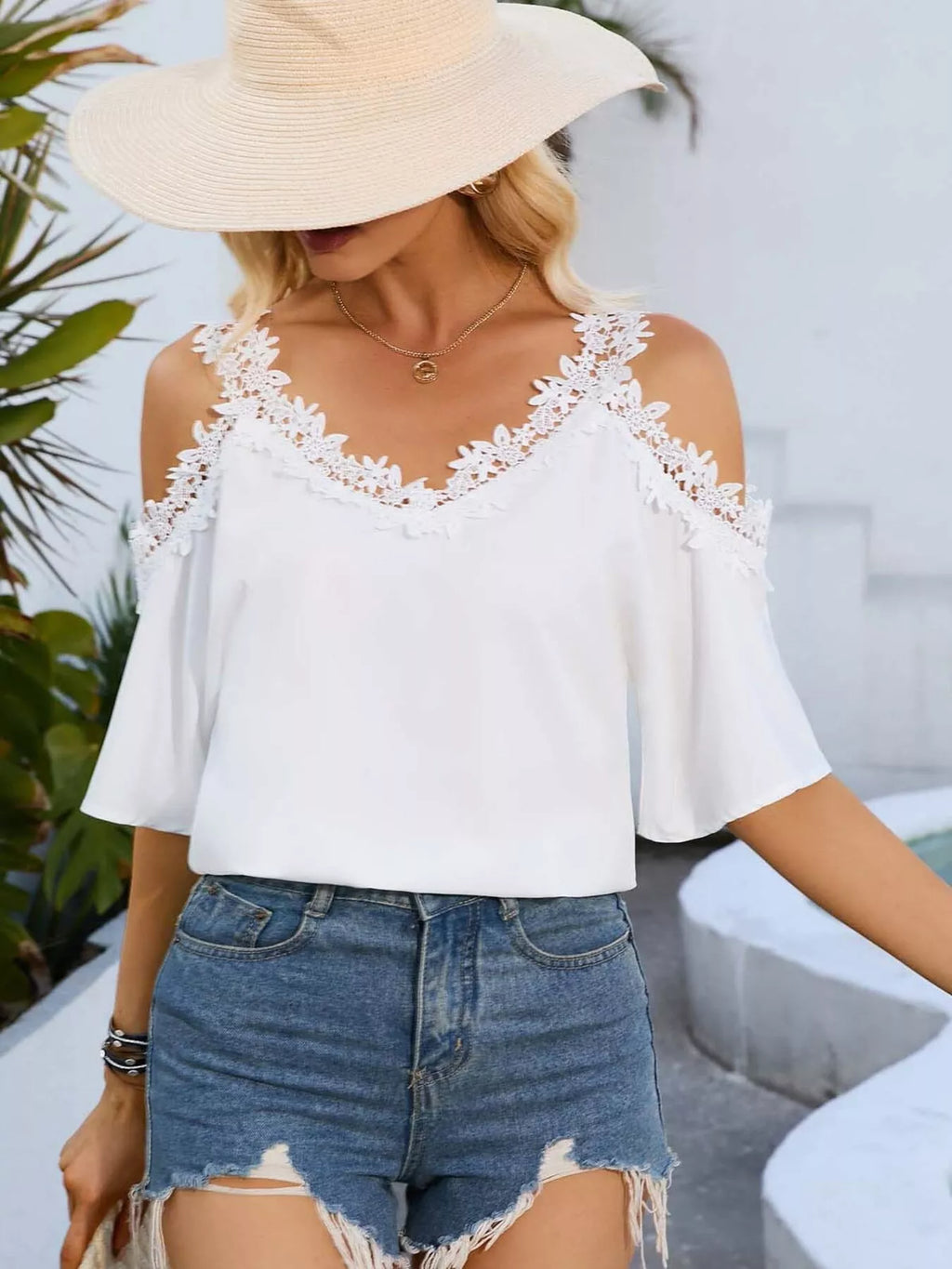 Cold Shoulder Lace Trim Blouse