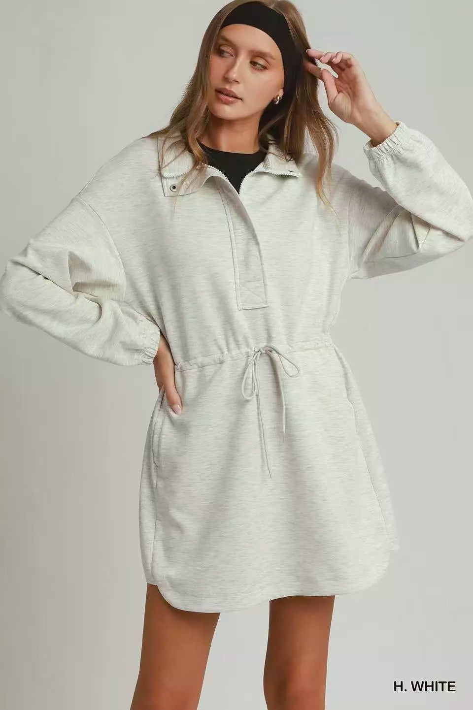 Umgee Half Zip-Up Drawstring Waist Dress