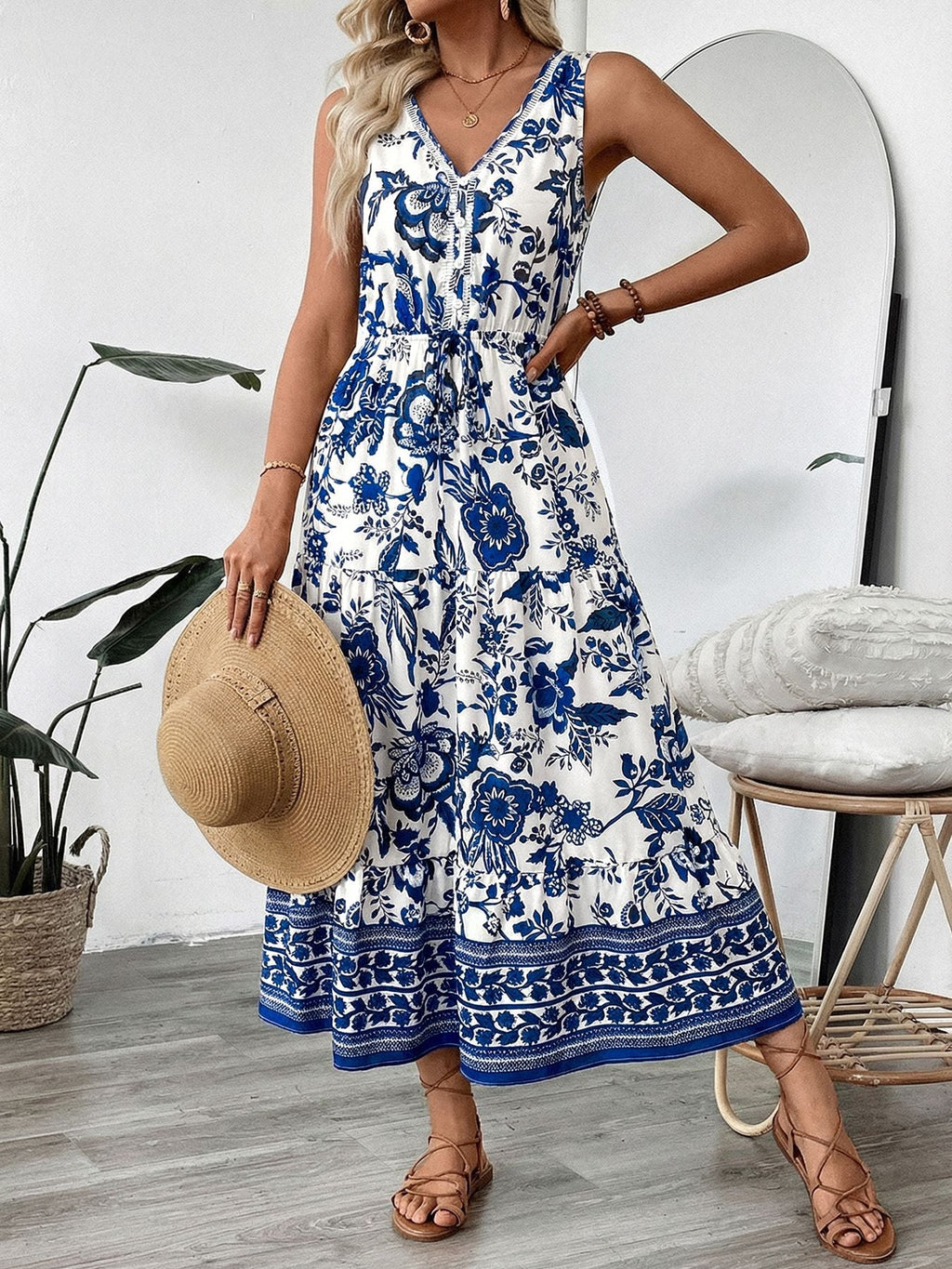 Floral Print Sleeveless V-neck Midi Dress