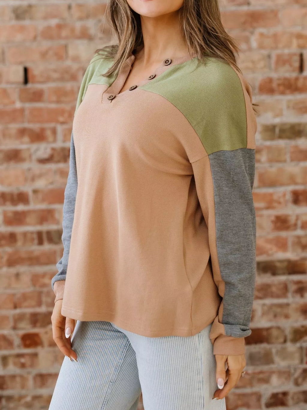 Color Block Thermal Textured Knit Drop Shoulder Henley Top