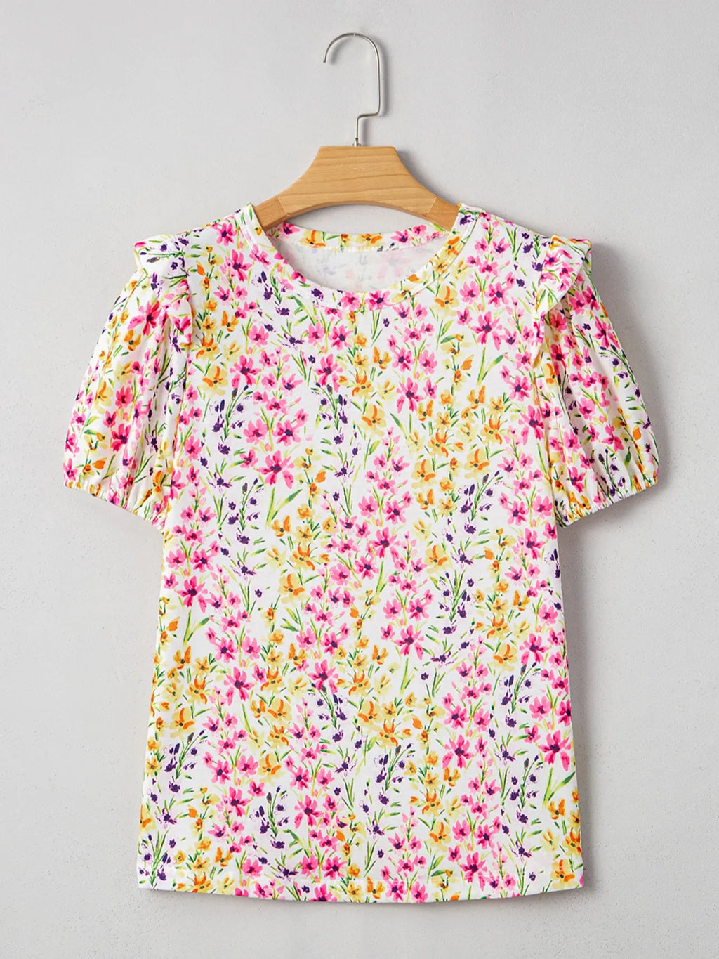 Floral Puff Sleeve Crewneck Blouse