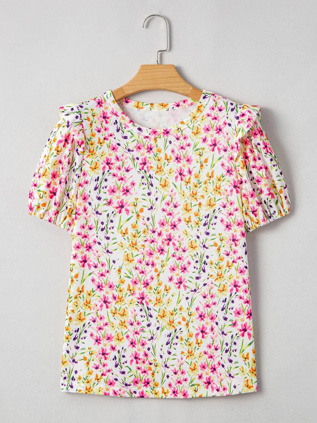 Floral Puff Sleeve Crewneck Blouse