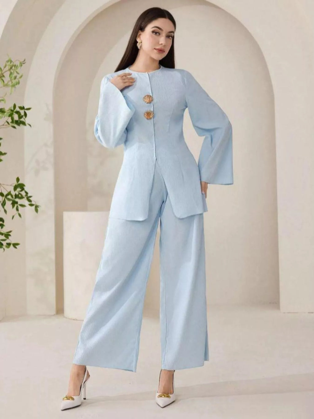 Shell Button Long Sleeve Shirt and Pants Set