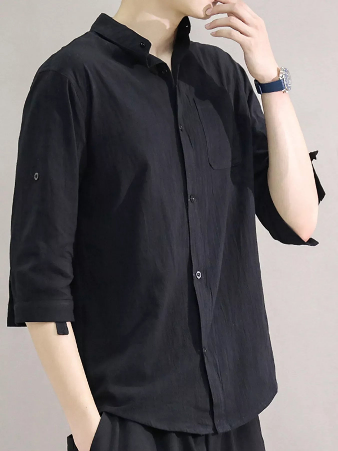 Men's Plus Size Button Up Roll-Up Sleeve Shirt