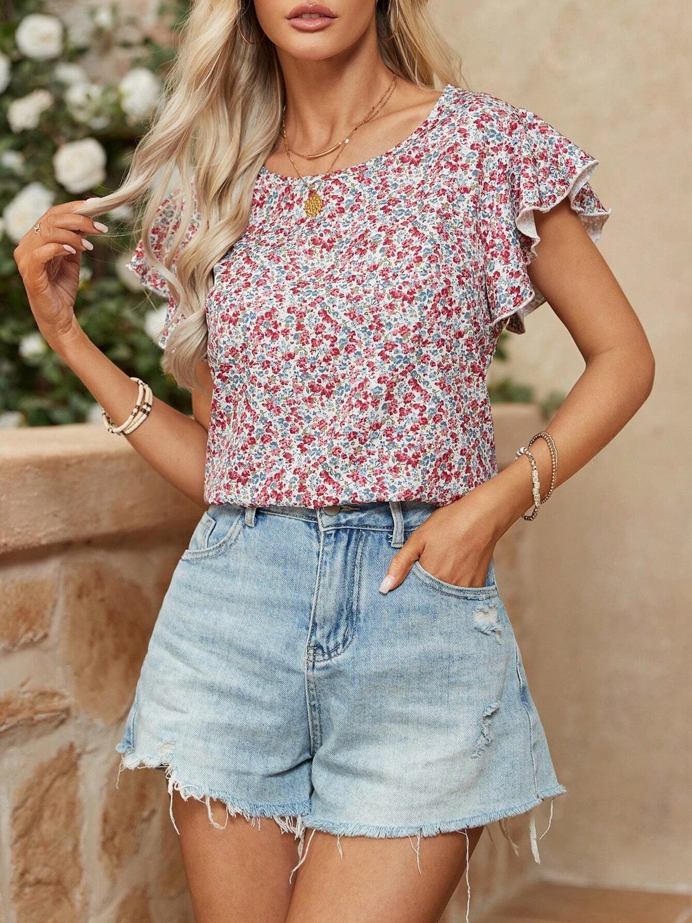 Floral Print Ruffle Sleeve Blouse